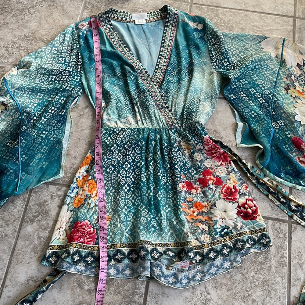 Camilla Teal Floral Print Short Romper with Kimono Sleeves - Picture 8 of 12